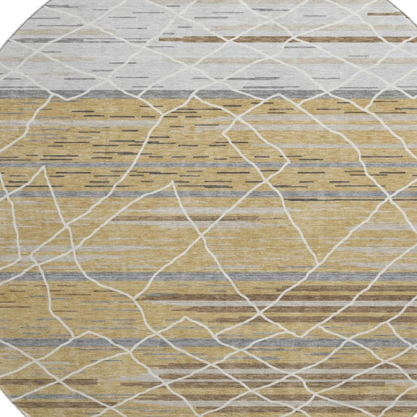 HomeRoots 8' Gold Ivory and Gray Striped Washable Round Rug - Durable, Stylish, UV-Protected for High Traffic Areas 680478