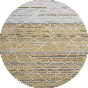 HomeRoots 8' Gold Ivory and Gray Striped Washable Round Rug - Durable, Stylish, UV-Protected for High Traffic Areas 680478