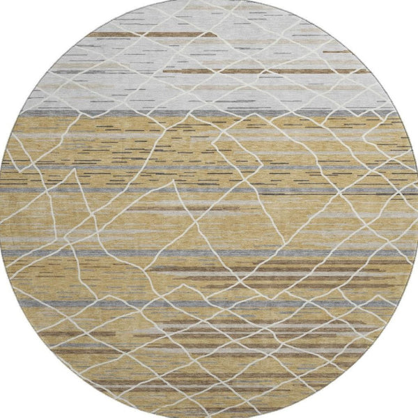 HomeRoots 8' Gold Ivory and Gray Striped Washable Round Rug - Durable, Stylish, UV-Protected for High Traffic Areas 680478
