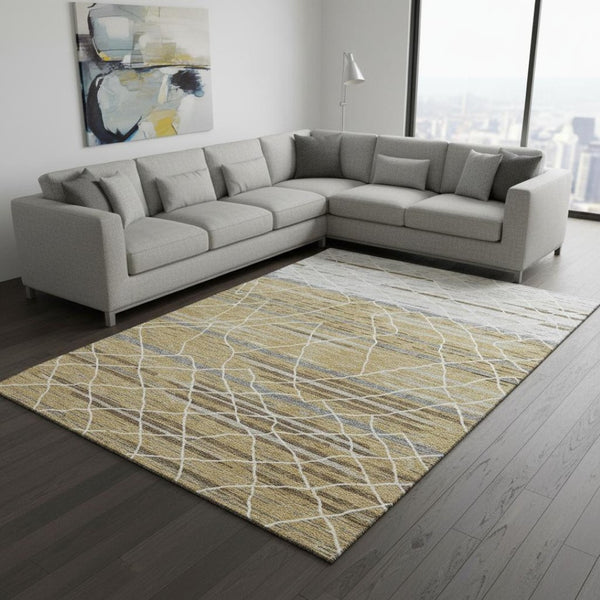 HomeRoots 8' X 10' Stylish Gold, Ivory & Gray Striped Washable Area Rug – UV Protected for Busy Homes! 680479