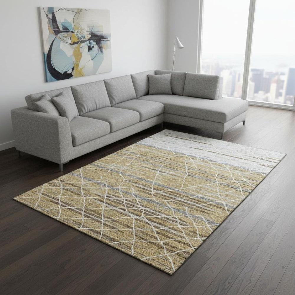HomeRoots 9' X 12' Gold, Ivory & Gray Striped Area Rug – Washable, UV-Protected, Durable for High-Traffic Spaces 680480