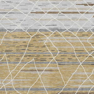 HomeRoots 9' X 12' Gold, Ivory & Gray Striped Area Rug – Washable, UV-Protected, Durable for High-Traffic Spaces 680480