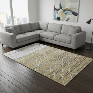 HomeRoots 10' X 14' Stylish Gold Ivory Gray Striped Area Rug - Durable, Washable, UV Protected for Homes 680481