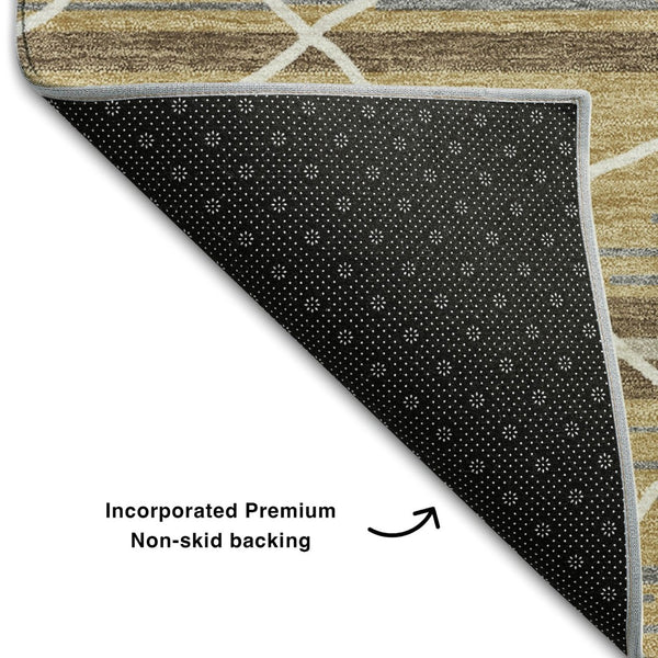 HomeRoots 10' X 14' Stylish Gold Ivory Gray Striped Area Rug - Durable, Washable, UV Protected for Homes 680481