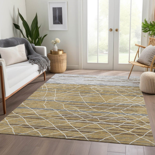 HomeRoots 10' X 14' Stylish Gold Ivory Gray Striped Area Rug - Durable, Washable, UV Protected for Homes 680481