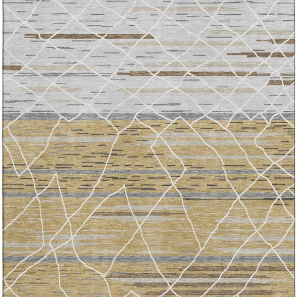 HomeRoots 10' X 14' Stylish Gold Ivory Gray Striped Area Rug - Durable, Washable, UV Protected for Homes 680481