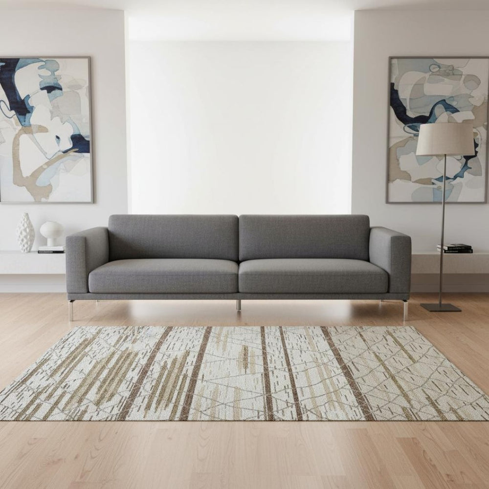HomeRoots 5' X 8' Ivory Taupe & Beige Striped Area Rug – Stylish, Washable, UV-Protected for Busy Homes! 680483