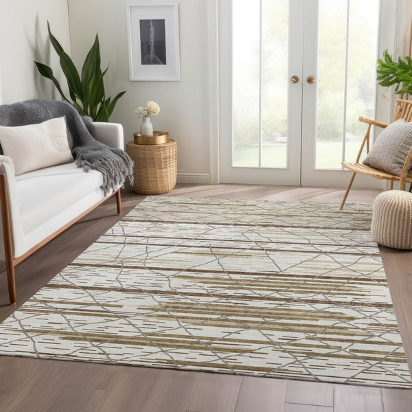 HomeRoots 5' X 8' Ivory Taupe & Beige Striped Area Rug – Stylish, Washable, UV-Protected for Busy Homes! 680483
