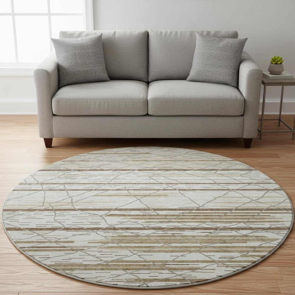 HomeRoots 8' Washable Round Area Rug in Ivory, Taupe & Beige Stripes – UV Protected, Soft & Stylish Home Decor 680484