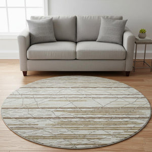 HomeRoots 8' Washable Round Area Rug in Ivory, Taupe & Beige Stripes – UV Protected, Soft & Stylish Home Decor 680484