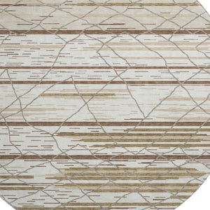 HomeRoots 8' Washable Round Area Rug in Ivory, Taupe & Beige Stripes – UV Protected, Soft & Stylish Home Decor 680484