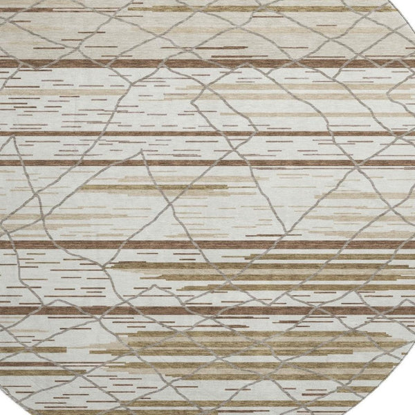 HomeRoots 8' Washable Round Area Rug in Ivory, Taupe & Beige Stripes – UV Protected, Soft & Stylish Home Decor 680484