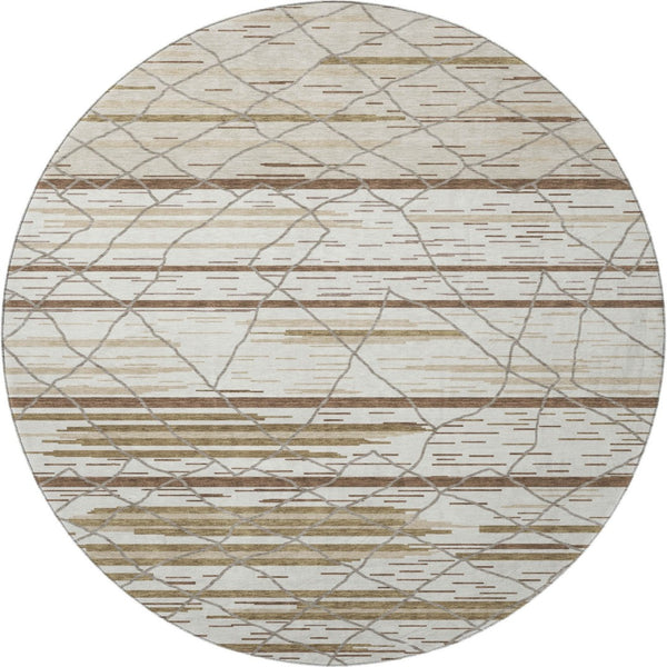 HomeRoots 8' Washable Round Area Rug in Ivory, Taupe & Beige Stripes – UV Protected, Soft & Stylish Home Decor 680484