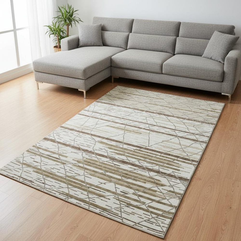 HomeRoots 8' X 10' Ivory Taupe & Beige Striped Area Rug - Washable, UV Protected, Durable & Stylish Design 680485