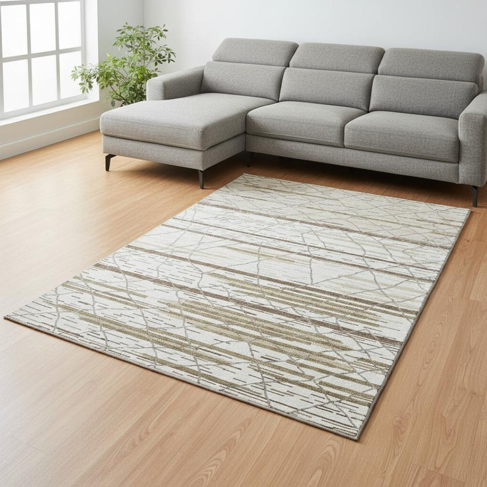HomeRoots 9' X 12' Ivory Taupe Beige Striped Area Rug - Washable, UV Protected, Durable & Pet-Friendly Design 680486