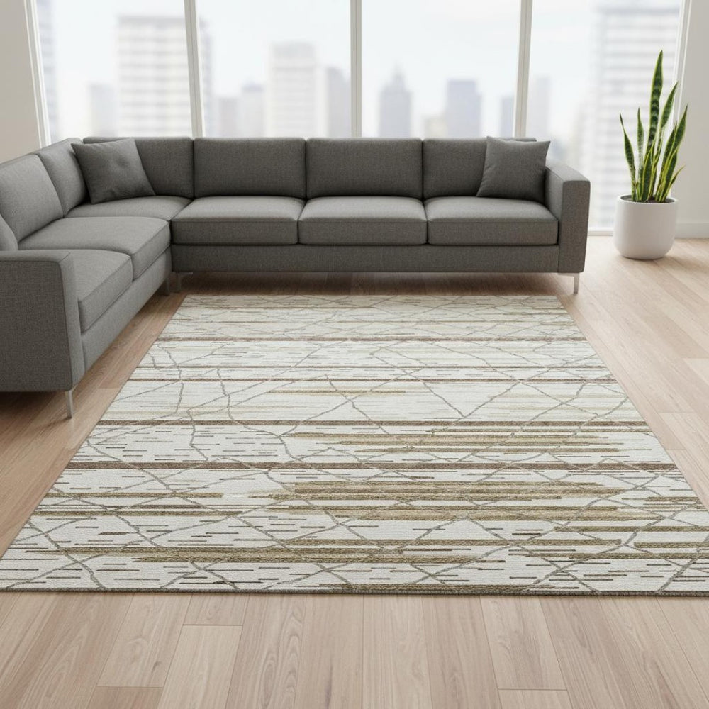 HomeRoots 10' X 14' Striped Ivory, Taupe & Beige Area Rug – Washable, UV Protected, Soft, & Durable Design 680487
