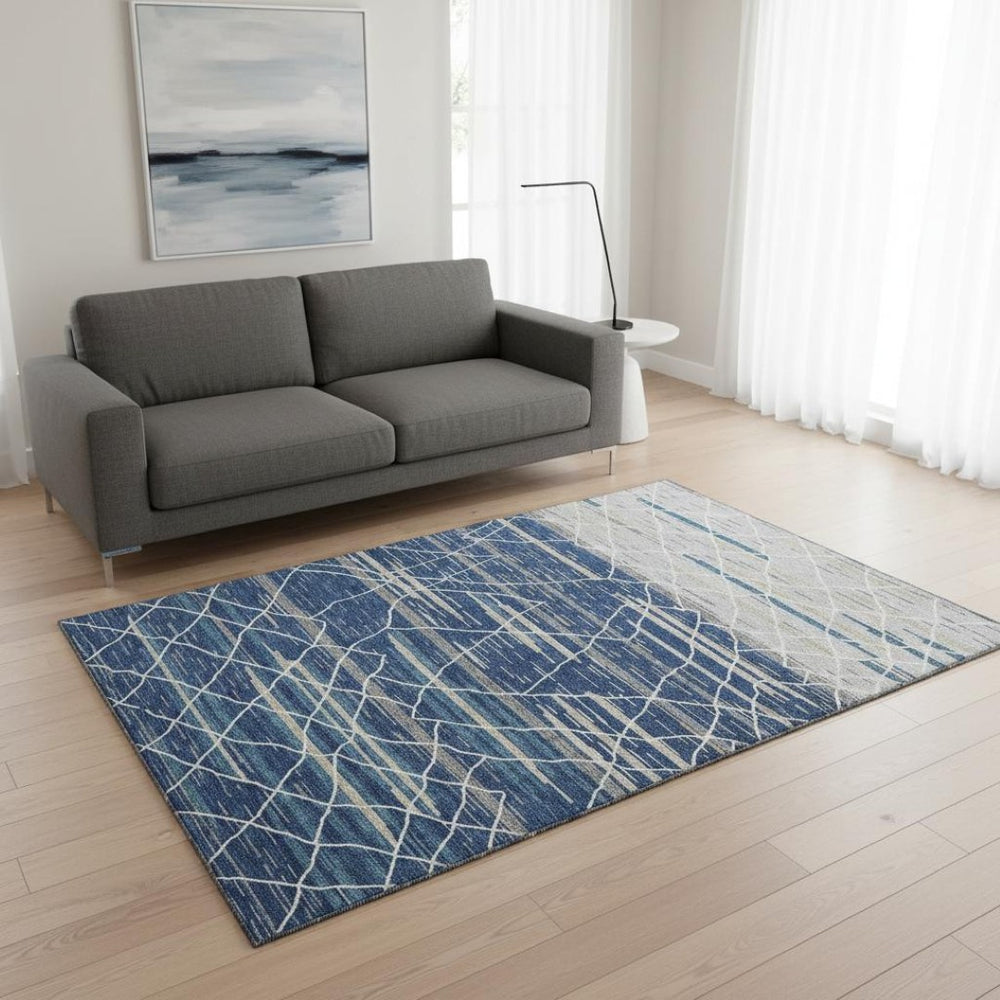 HomeRoots 5' X 8' Stylish Navy, Gray & Ivory Striped Washable Area Rug - Stain Resistant with UV Protection! 680489