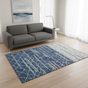 HomeRoots 5' X 8' Stylish Navy, Gray & Ivory Striped Washable Area Rug - Stain Resistant with UV Protection! 680489