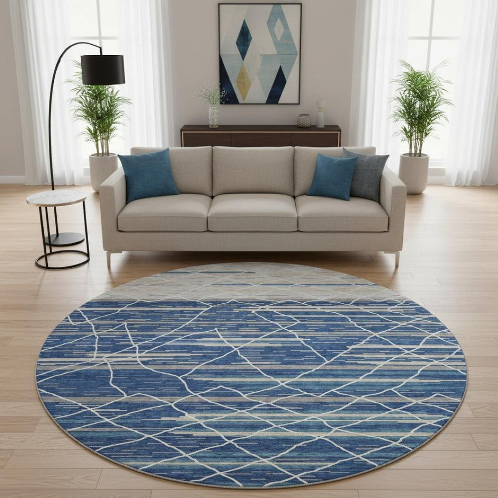 HomeRoots 8' Stylish Navy Blue, Gray & Ivory Striped Washable Round Rug with UV Protection for High Traffic Areas 680490