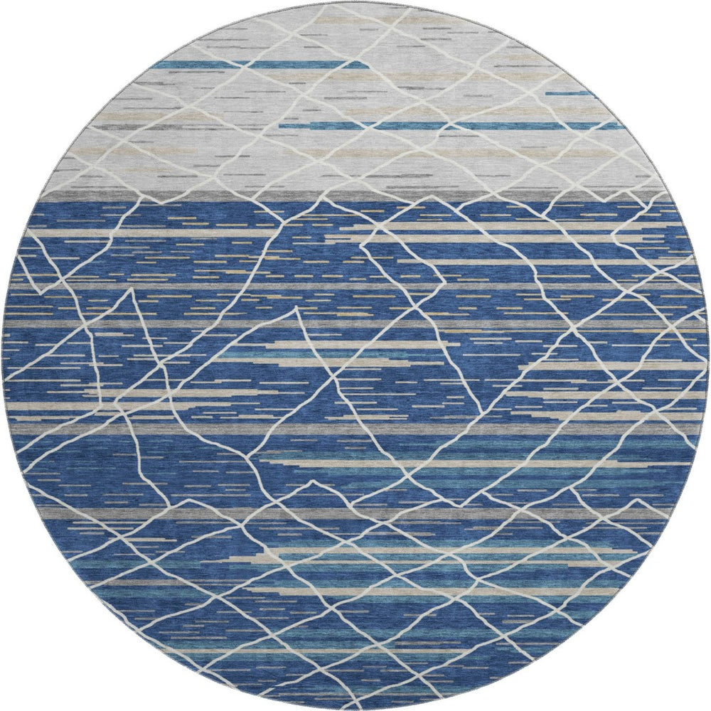 HomeRoots 8' Stylish Navy Blue, Gray & Ivory Striped Washable Round Rug with UV Protection for High Traffic Areas 680490