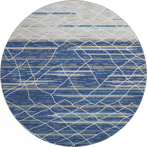 HomeRoots 8' Stylish Navy Blue, Gray & Ivory Striped Washable Round Rug with UV Protection for High Traffic Areas 680490