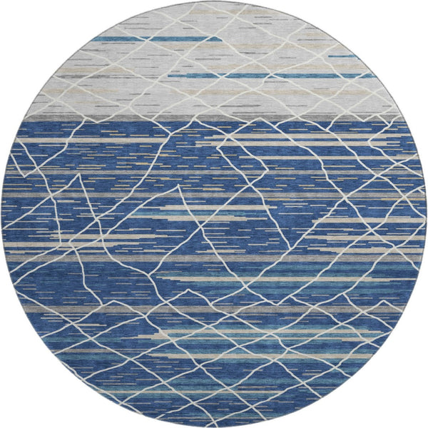 HomeRoots 8' Stylish Navy Blue, Gray & Ivory Striped Washable Round Rug with UV Protection for High Traffic Areas 680490