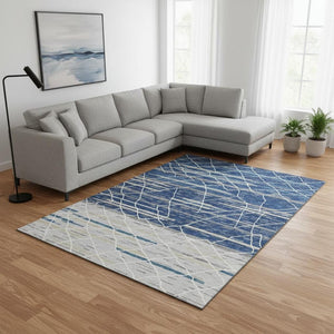 HomeRoots 8' X 10' Stylish Navy Gray Ivory Striped Washable Area Rug with UV Protection for Busy Homes 680491