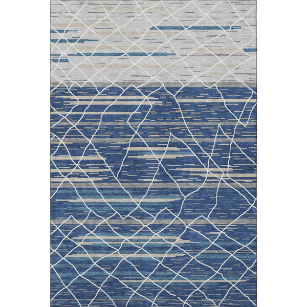 HomeRoots 8' X 10' Stylish Navy Gray Ivory Striped Washable Area Rug with UV Protection for Busy Homes 680491