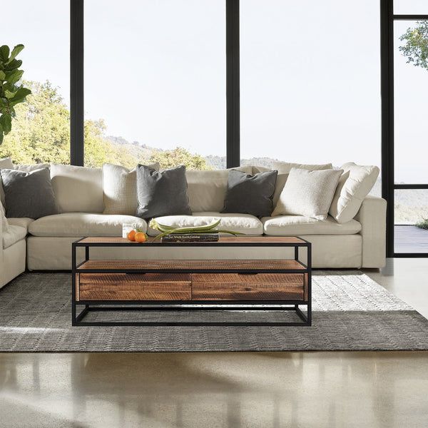 English Elm Ulera Acacia Rectangle Coffee Table with Shelf, Black Metal Frame, Durable Weatherproof Hardwood Finish B2736P354394