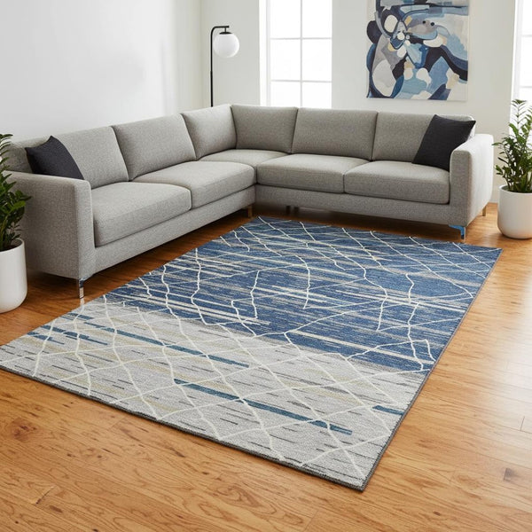 HomeRoots 9' X 12' Striped Area Rug in Navy Blue, Gray & Ivory – Washable, UV Protected, Perfect for High-Traffic Areas 680492