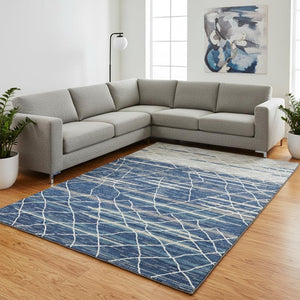 HomeRoots 10' X 14' Navy Blue Gray Ivory Striped Area Rug - Washable, UV-Protected, Stylish for High-Traffic Areas 680493