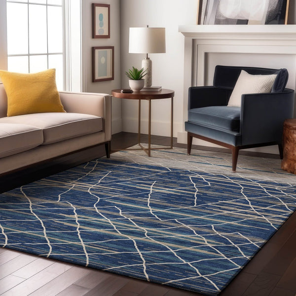 HomeRoots 10' X 14' Navy Blue Gray Ivory Striped Area Rug - Washable, UV-Protected, Stylish for High-Traffic Areas 680493