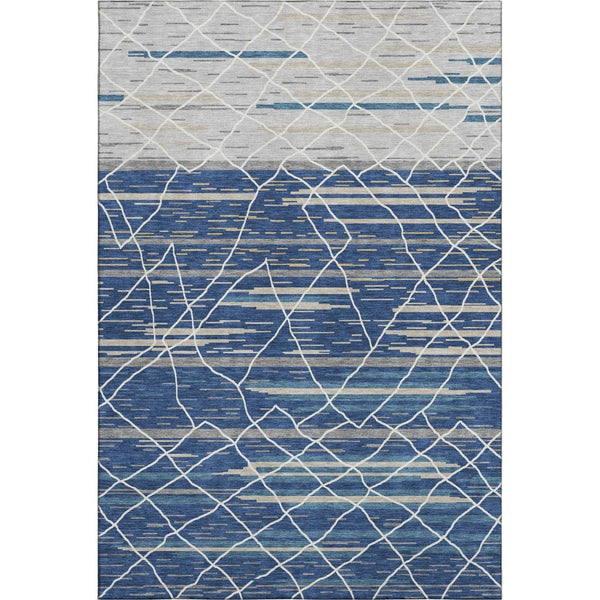 HomeRoots 10' X 14' Navy Blue Gray Ivory Striped Area Rug - Washable, UV-Protected, Stylish for High-Traffic Areas 680493