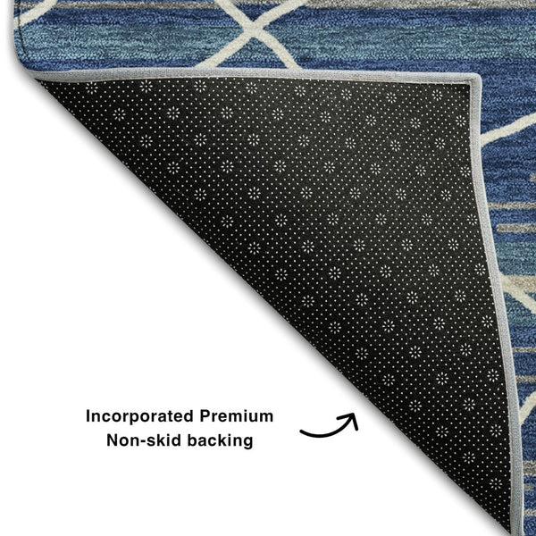 HomeRoots 10' X 14' Navy Blue Gray Ivory Striped Area Rug - Washable, UV-Protected, Stylish for High-Traffic Areas 680493
