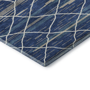 HomeRoots 10' X 14' Navy Blue Gray Ivory Striped Area Rug - Washable, UV-Protected, Stylish for High-Traffic Areas 680493