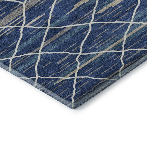 HomeRoots 10' X 14' Navy Blue Gray Ivory Striped Area Rug - Washable, UV-Protected, Stylish for High-Traffic Areas 680493