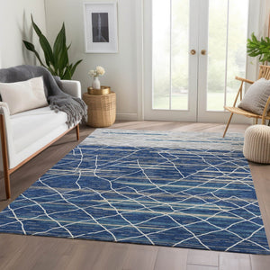 HomeRoots 10' X 14' Navy Blue Gray Ivory Striped Area Rug - Washable, UV-Protected, Stylish for High-Traffic Areas 680493