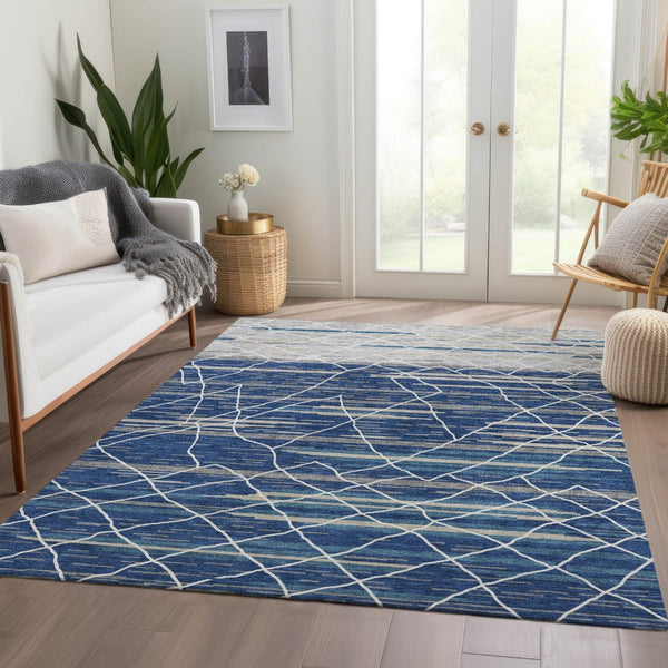 HomeRoots 10' X 14' Navy Blue Gray Ivory Striped Area Rug - Washable, UV-Protected, Stylish for High-Traffic Areas 680493