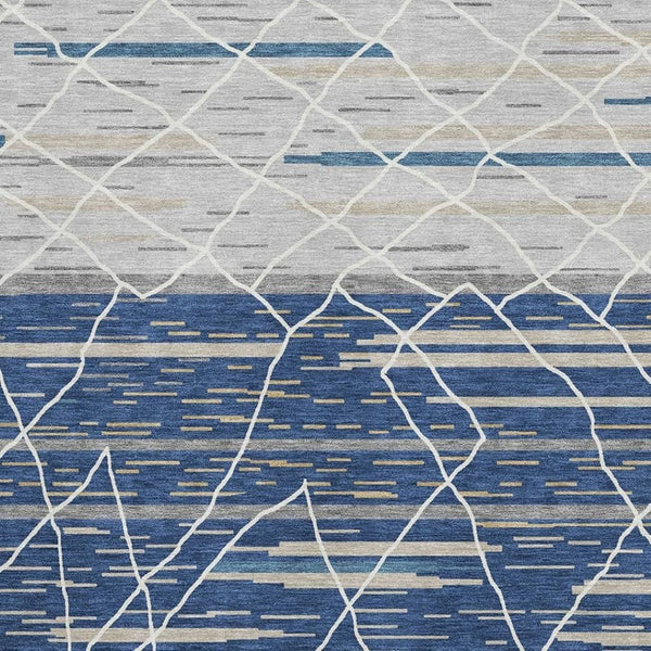 HomeRoots 10' X 14' Navy Blue Gray Ivory Striped Area Rug - Washable, UV-Protected, Stylish for High-Traffic Areas 680493
