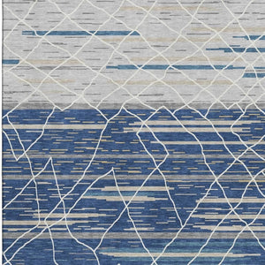 HomeRoots 10' X 14' Navy Blue Gray Ivory Striped Area Rug - Washable, UV-Protected, Stylish for High-Traffic Areas 680493
