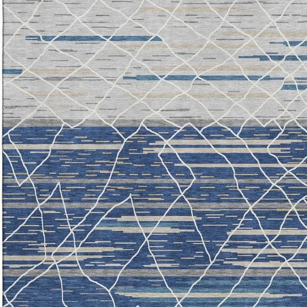 HomeRoots 10' X 14' Navy Blue Gray Ivory Striped Area Rug - Washable, UV-Protected, Stylish for High-Traffic Areas 680493