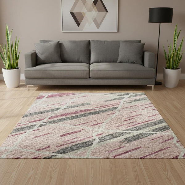 HomeRoots 5' X 8' Striped Pink, Ivory & Gray Washable Area Rug - Stain Resistant, UV Protected, Durable Design 680495