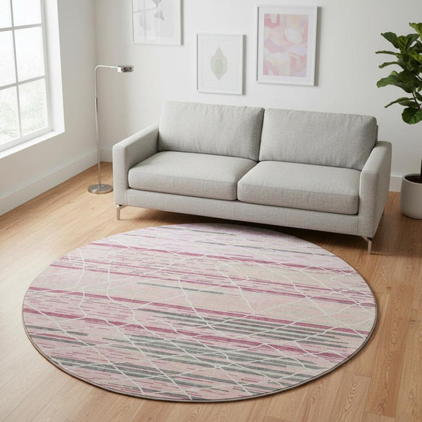 HomeRoots 8' Washable Pink Ivory Gray Striped Round Rug with UV Protection - Durable, Stain-Resistant & Soft 680496