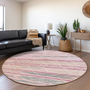 HomeRoots 8' Washable Pink Ivory Gray Striped Round Rug with UV Protection - Durable, Stain-Resistant & Soft 680496