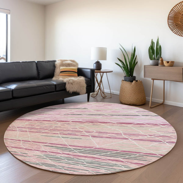 HomeRoots 8' Washable Pink Ivory Gray Striped Round Rug with UV Protection - Durable, Stain-Resistant & Soft 680496