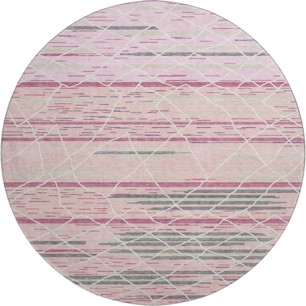 HomeRoots 8' Washable Pink Ivory Gray Striped Round Rug with UV Protection - Durable, Stain-Resistant & Soft 680496