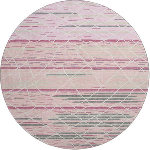 HomeRoots 8' Washable Pink Ivory Gray Striped Round Rug with UV Protection - Durable, Stain-Resistant & Soft 680496
