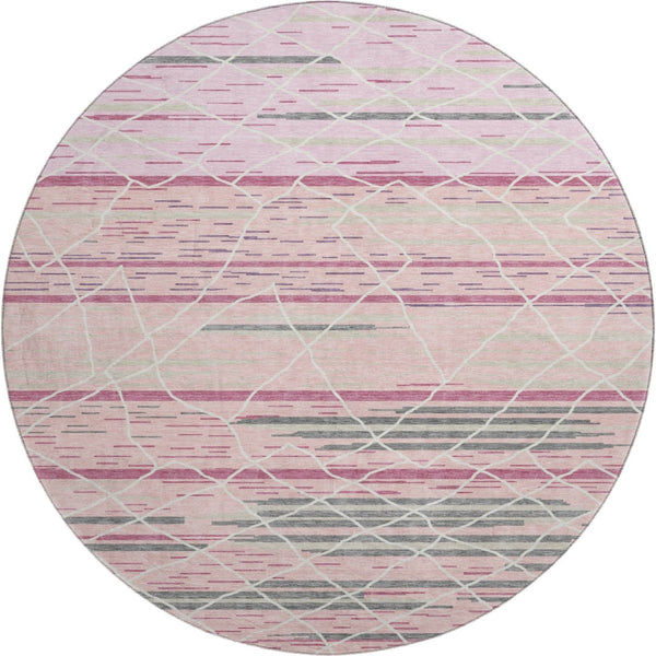 HomeRoots 8' Washable Pink Ivory Gray Striped Round Rug with UV Protection - Durable, Stain-Resistant & Soft 680496