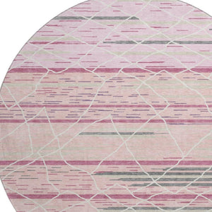 HomeRoots 8' Washable Pink Ivory Gray Striped Round Rug with UV Protection - Durable, Stain-Resistant & Soft 680496