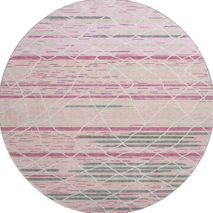 HomeRoots 8' Washable Pink Ivory Gray Striped Round Rug with UV Protection - Durable, Stain-Resistant & Soft 680496